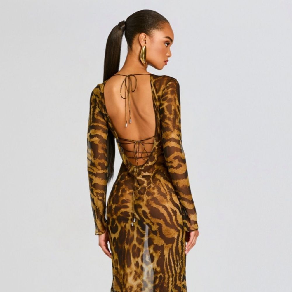RETROFETE Vienna Dress Animal Print Sheer silk maxi gown lace up FWRD Revolve M - Picture 13 of 14